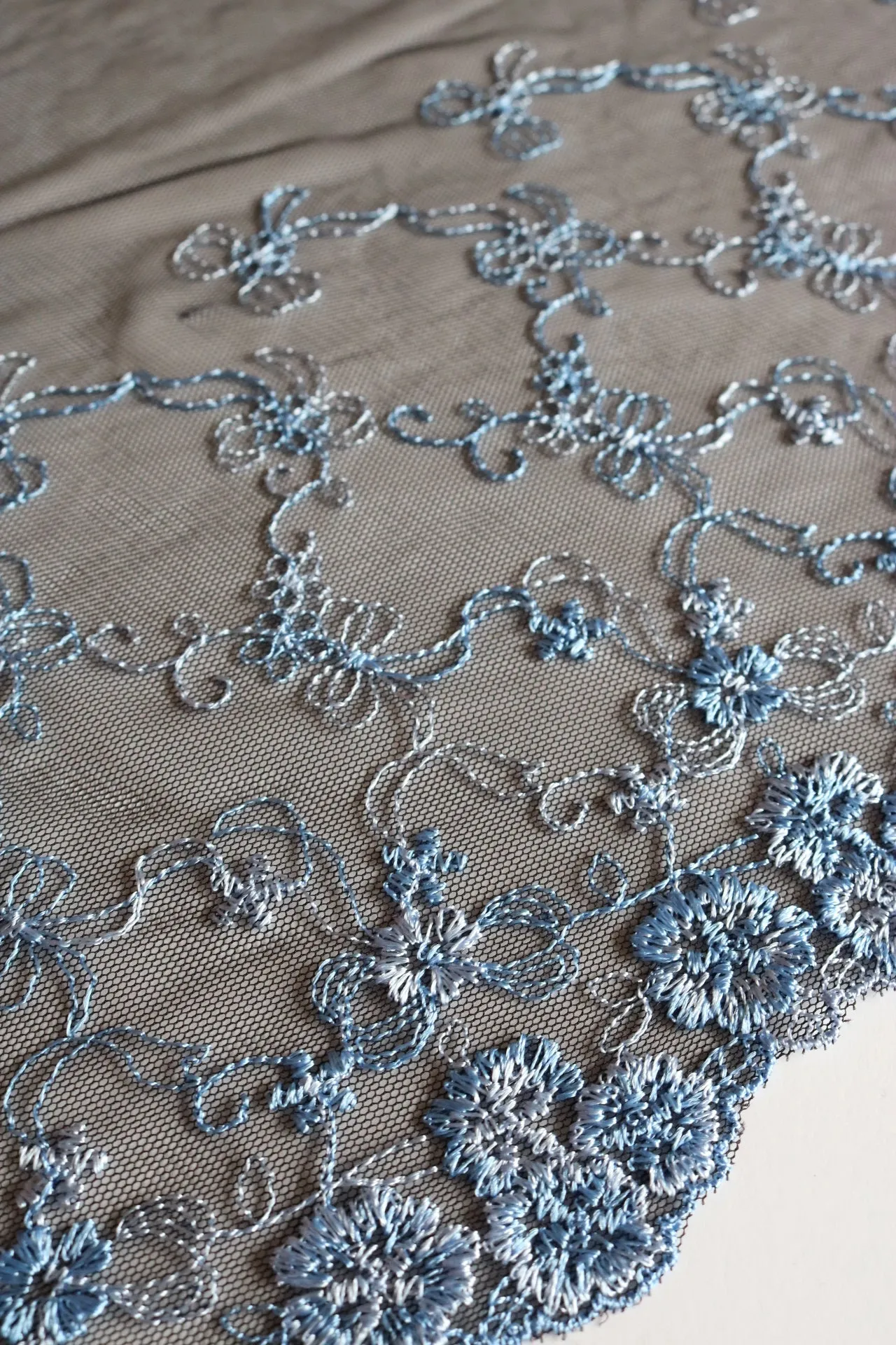 5YDS Black & Powder Blue 9.25" Wide Embroidered Lace Trim