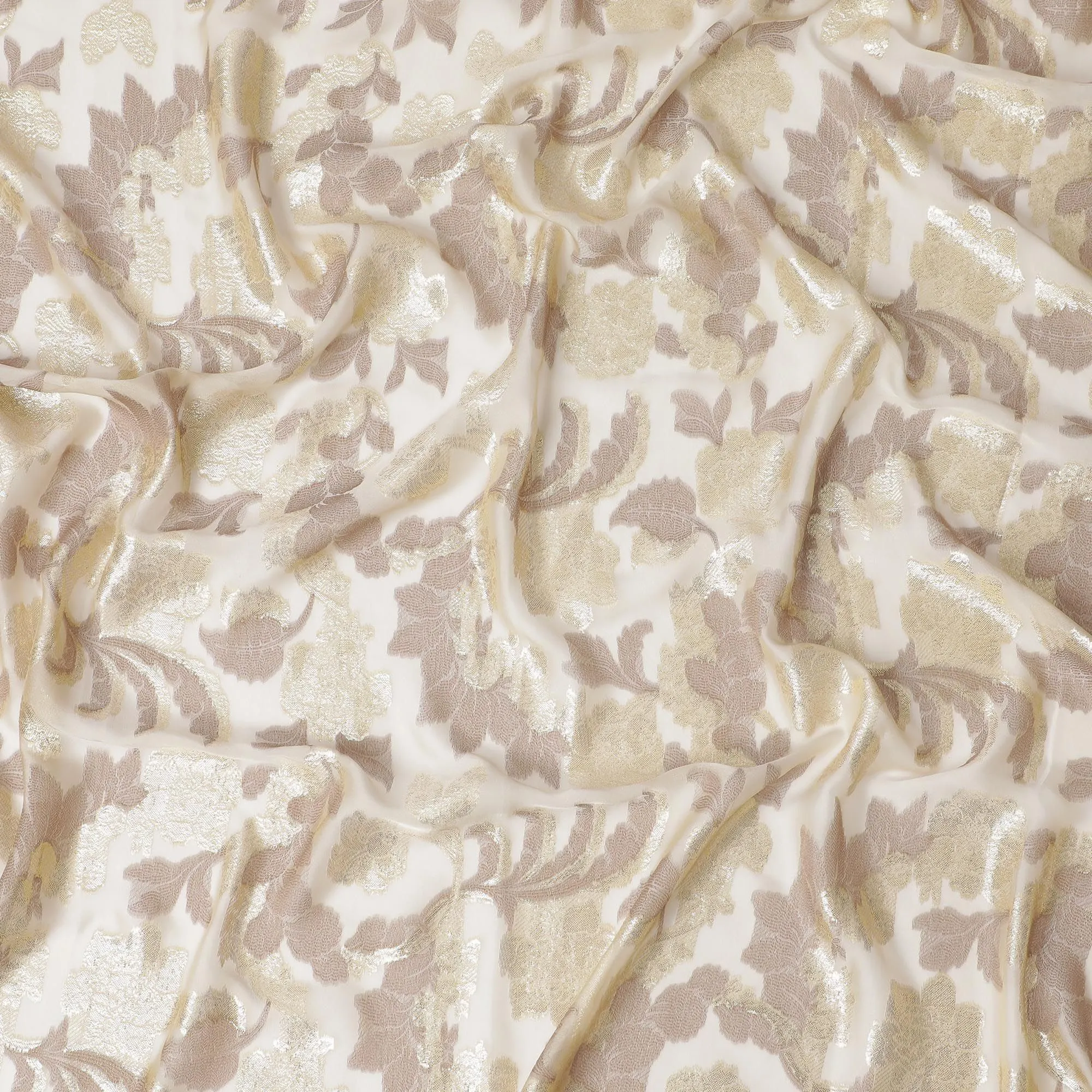 Champagne Luxe Pure Fransawi Silk Chiffon Fabric with Taupe Floral Embroidery, 110cm Width - Traditional Garbasaar, Piece of 2.0 Mtrs-D18625