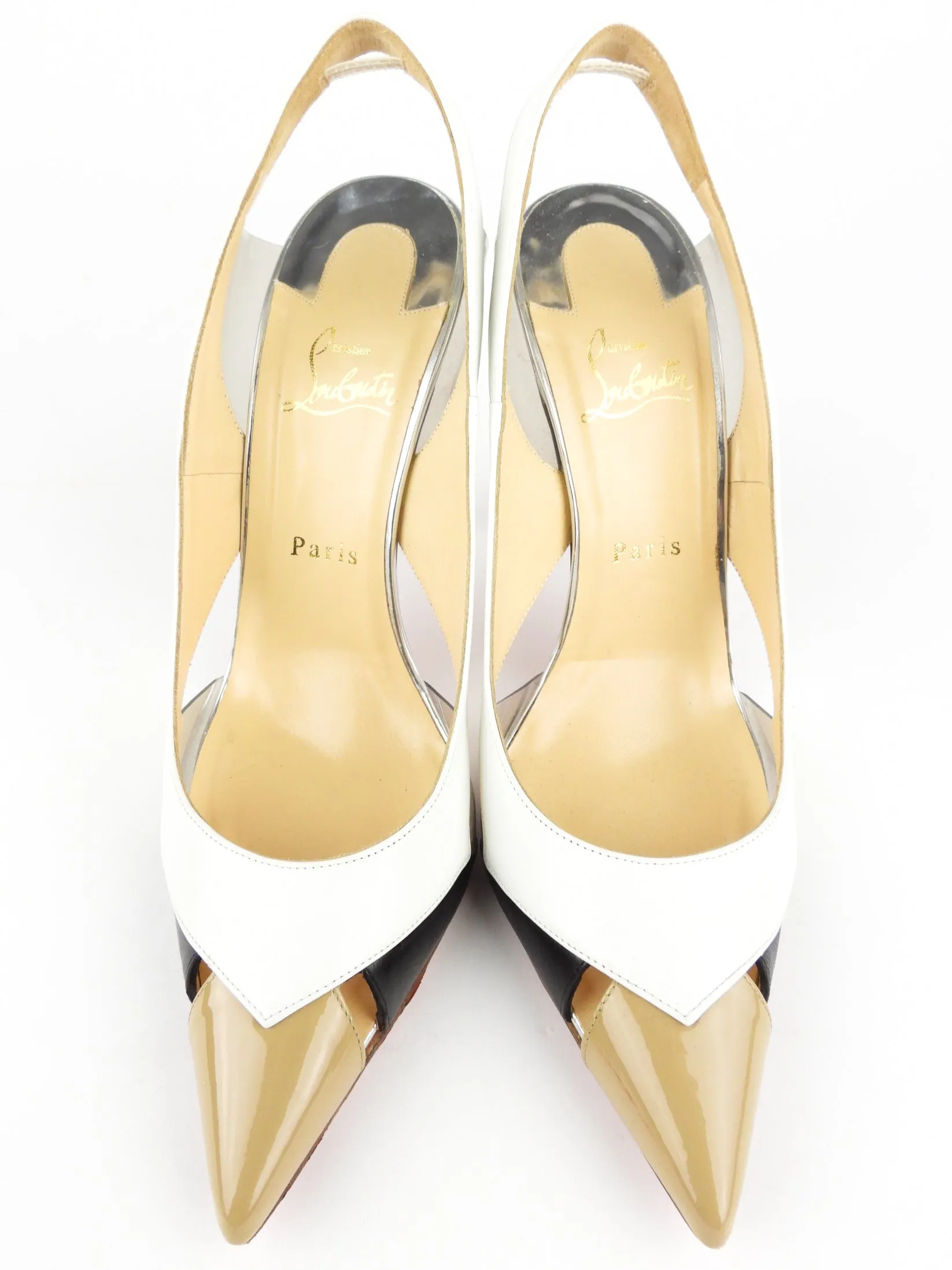 Christian Louboutin Silver, White, Black and Tan Mixed Leather Slingback Pumps - 41