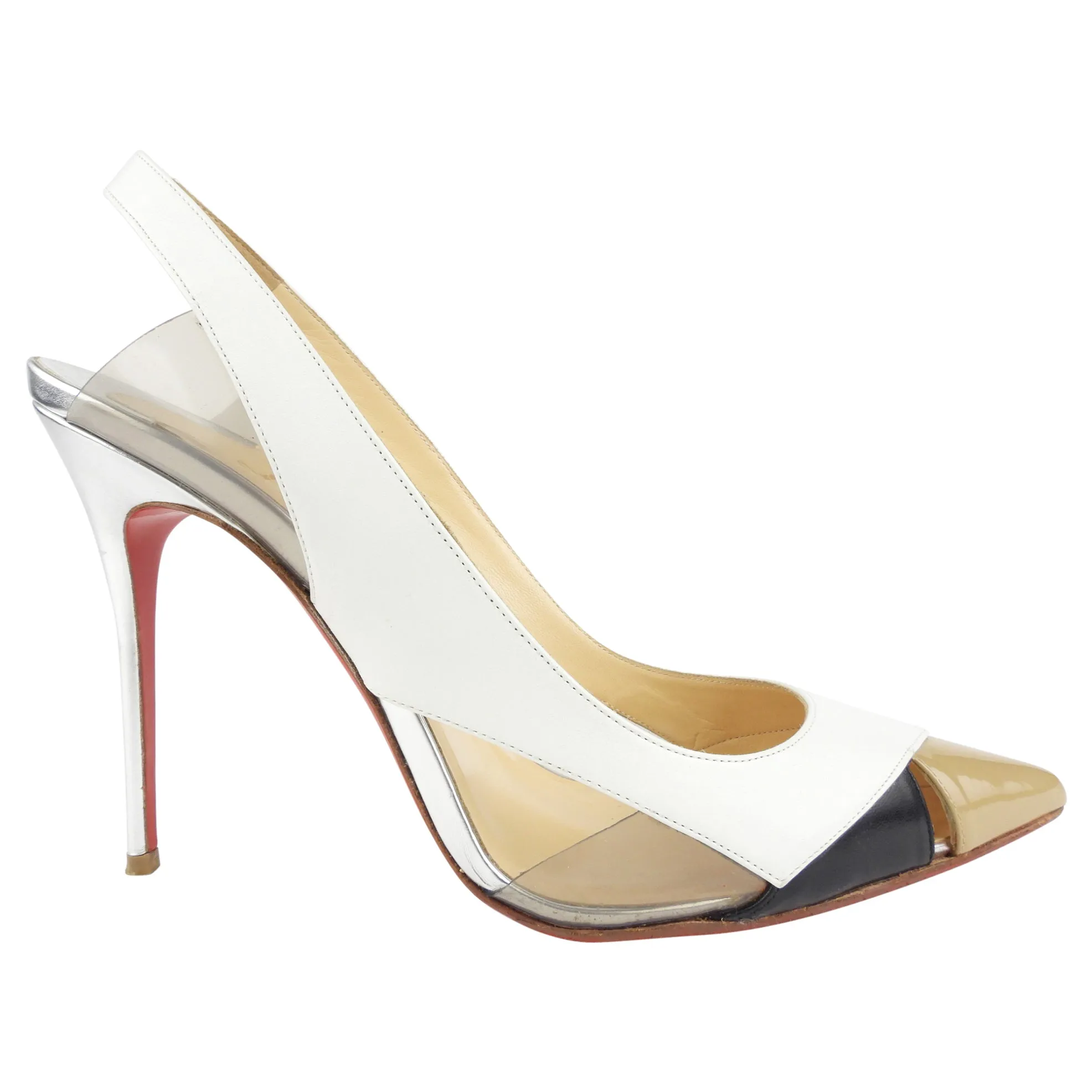 Christian Louboutin Silver, White, Black and Tan Mixed Leather Slingback Pumps - 41