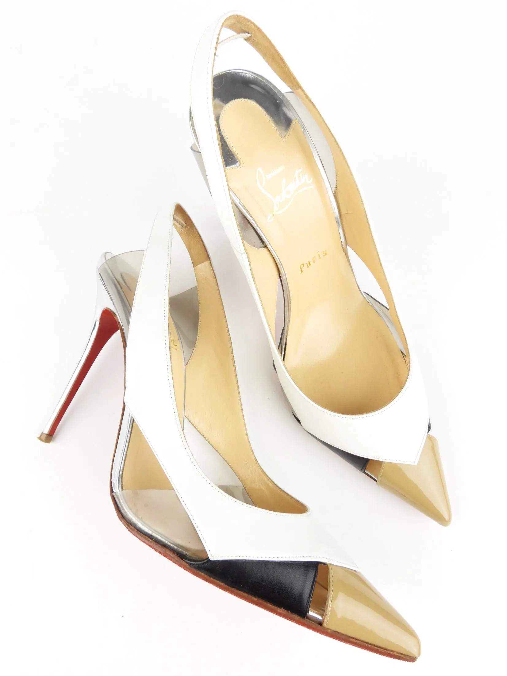 Christian Louboutin Silver, White, Black and Tan Mixed Leather Slingback Pumps - 41