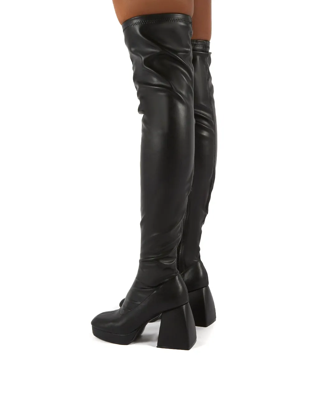 Chrome Black Patent Chunky Heel Over The Knee Boots