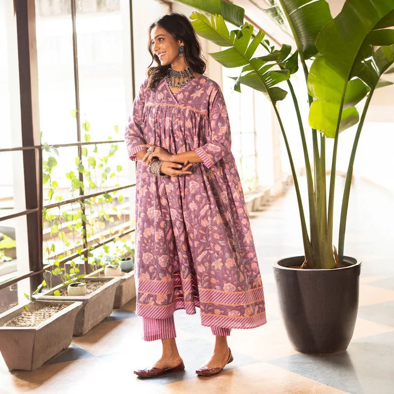 Cotton Anarkali Kurta for Women | Purple | Block Printed