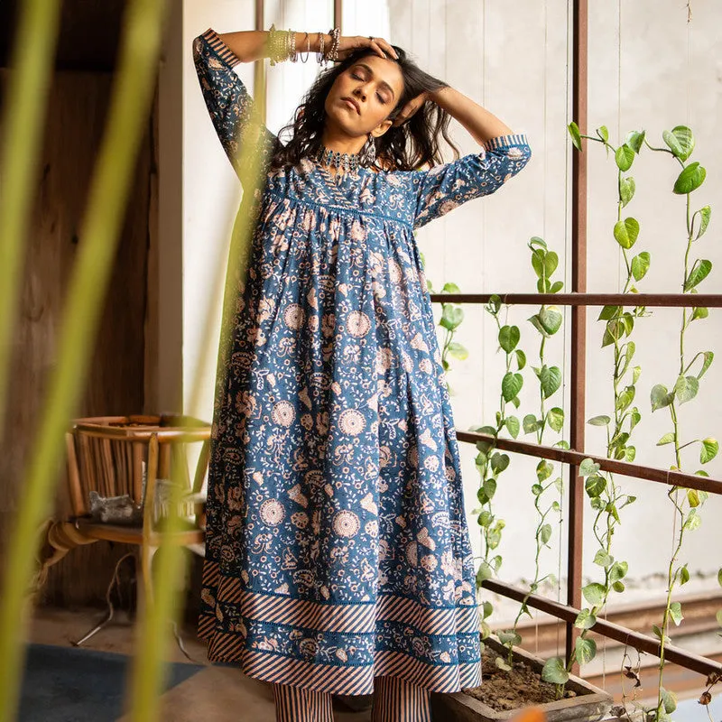 Cotton Blue Kurta for Women | Anarkali Kurta | Block Print