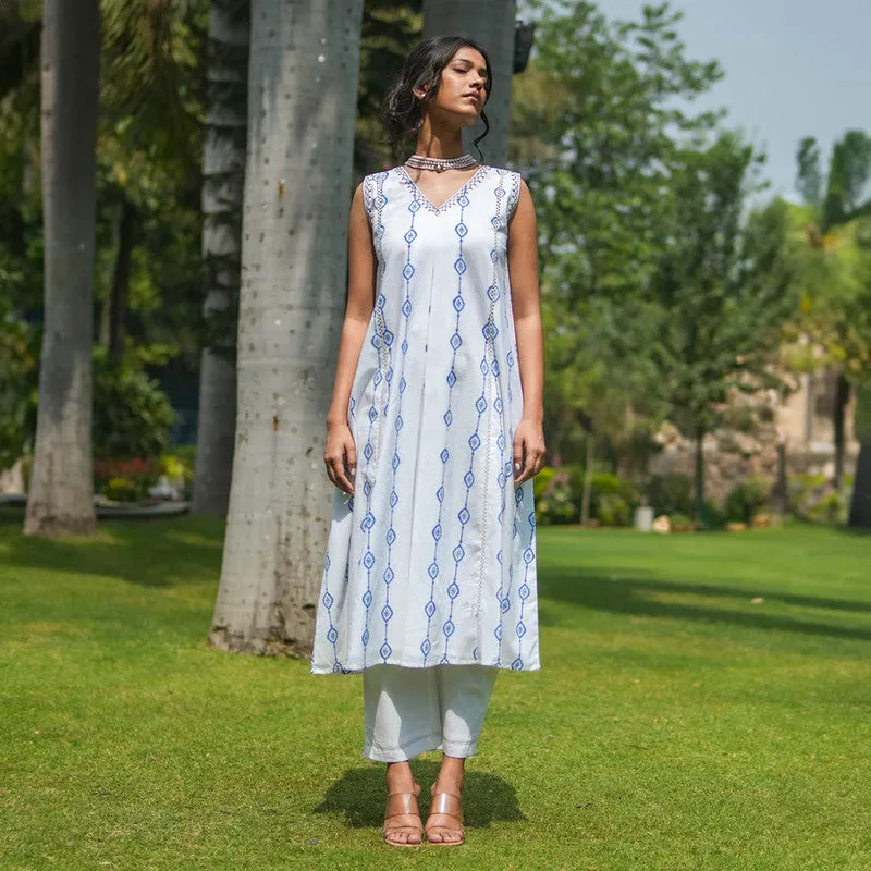 Cotton Sleeveless White Kurta for Women | Handblock Print