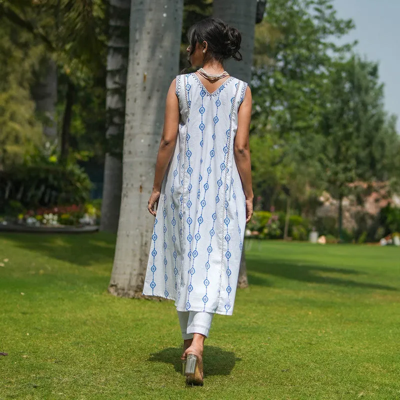 Cotton Sleeveless White Kurta for Women | Handblock Print