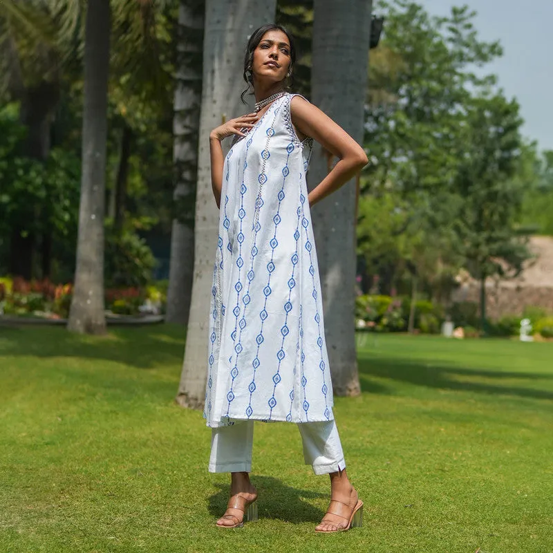 Cotton Sleeveless White Kurta for Women | Handblock Print