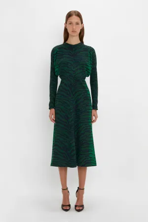 Dolman Midi Dress In Green-Navy Tiger Print