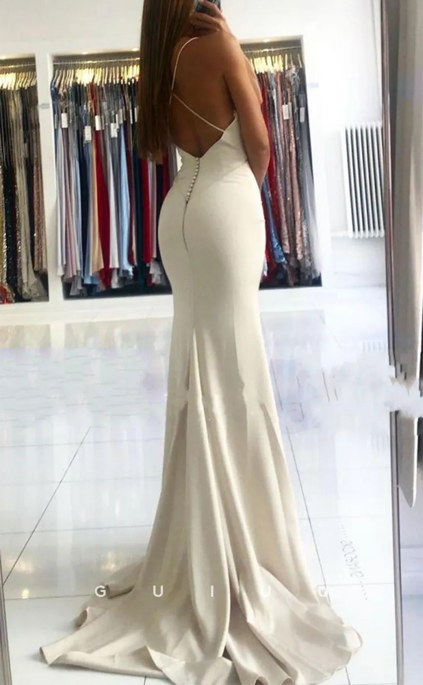 G3201 - Chic & Sheath Satin V-Neck Straps Open Back Long Formal Prom Dresses