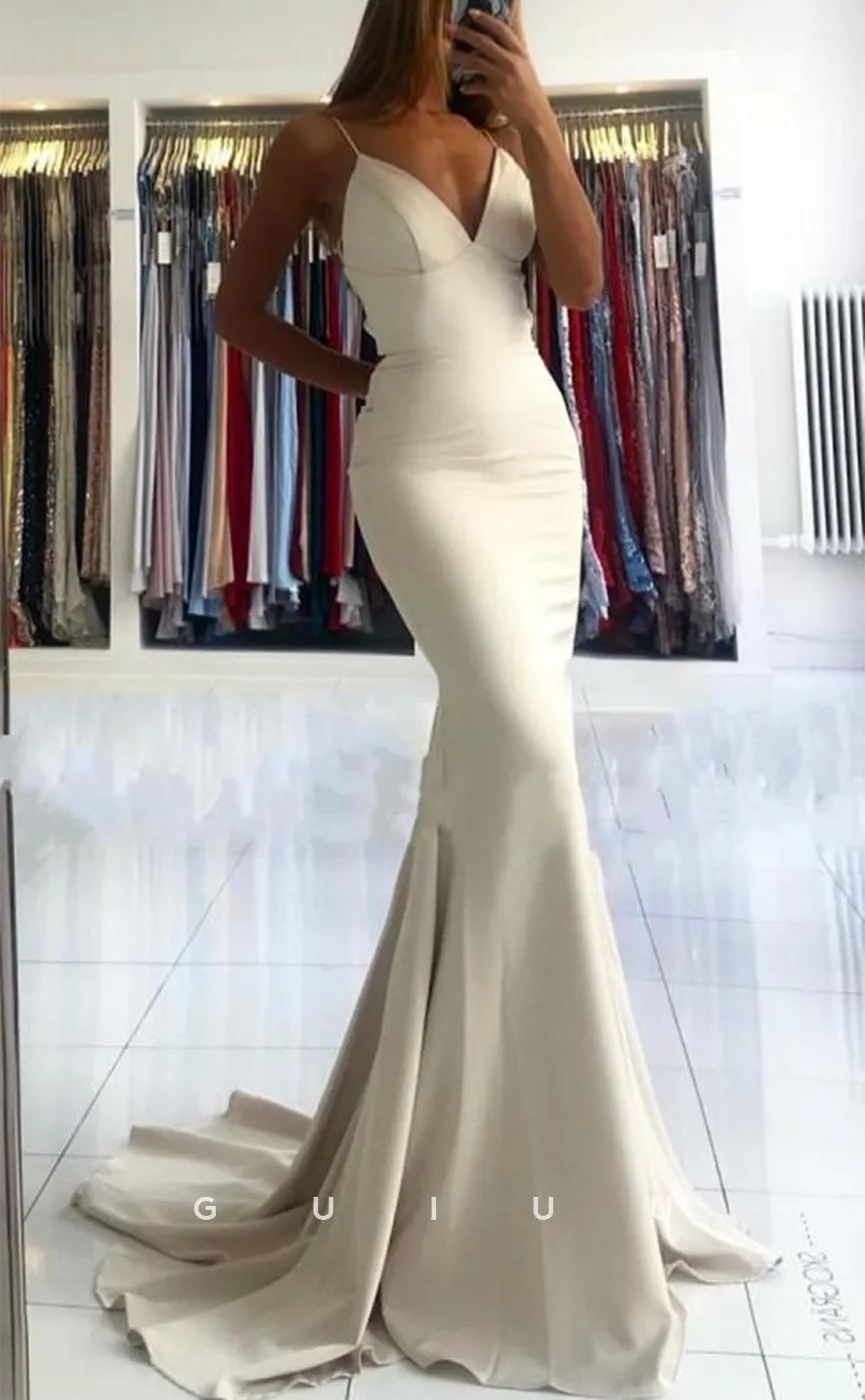 G3201 - Chic & Sheath Satin V-Neck Straps Open Back Long Formal Prom Dresses