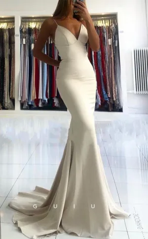 G3201 - Chic & Sheath Satin V-Neck Straps Open Back Long Formal Prom Dresses