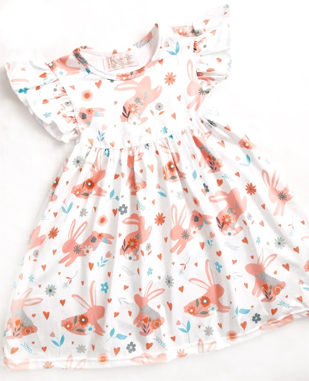 Girls Summer Peach Bunnies Dress