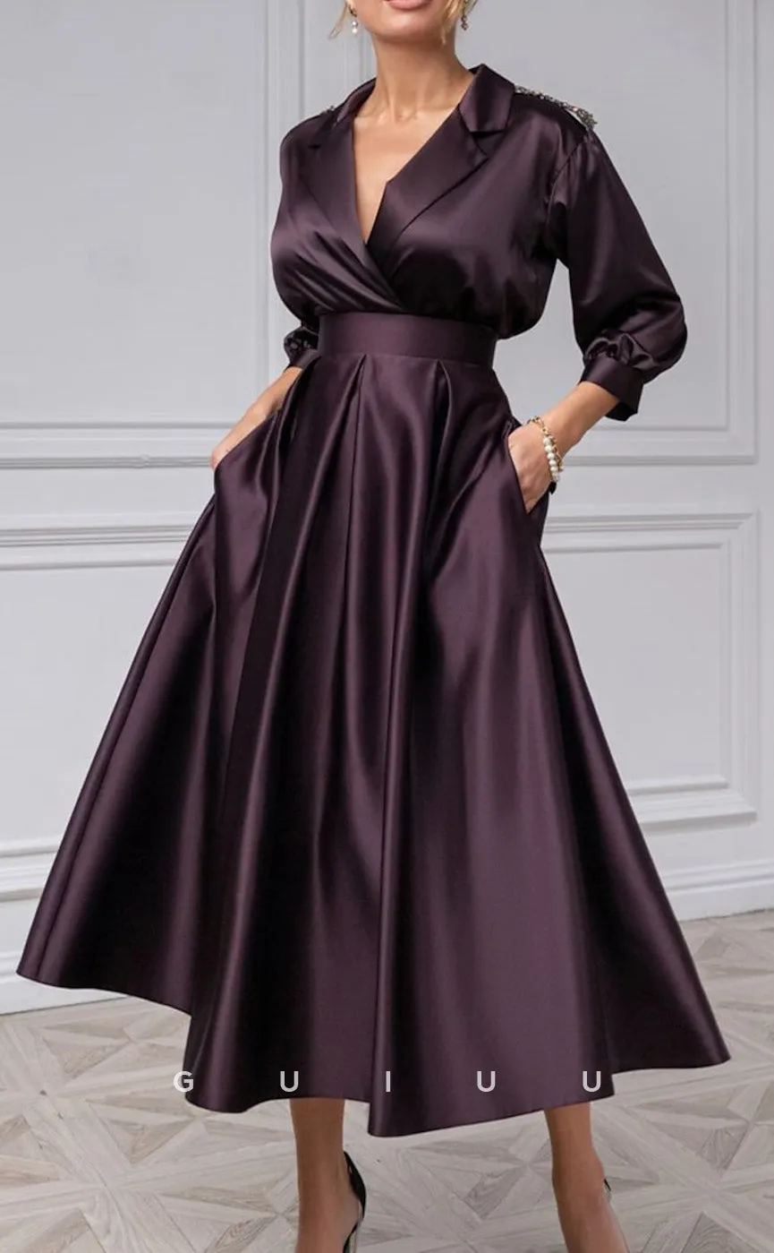 GM218 -  A-Line V Neck Half Sleeves Pleated Tea Length Cocktail Dress Wedding Guest Dress