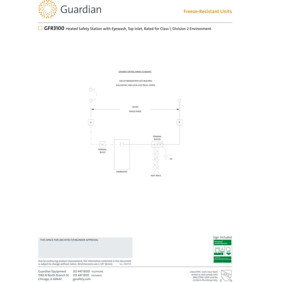 Guardian GFR3107 Heated Safety Station w/ Eyewash, Top Inlet w/ Alarm