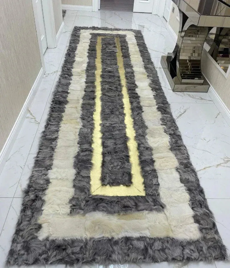 Handmade Natural Sheepskin Runner Rug, Modern Soft Wool Hallway Rug