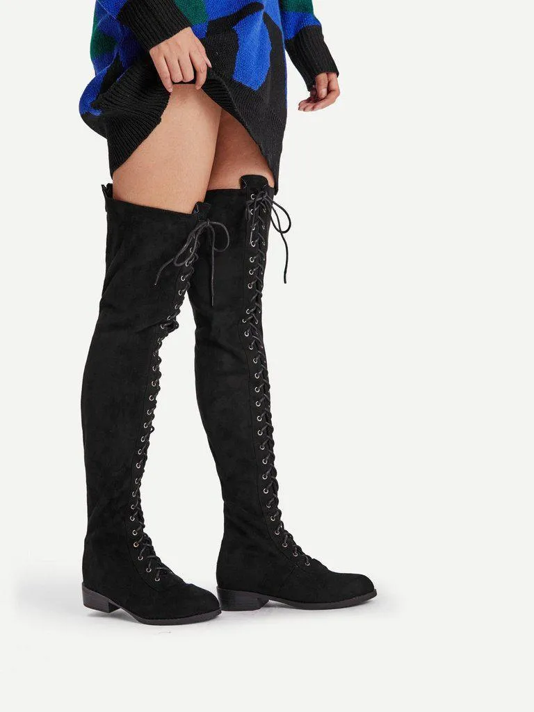 Lace Up Front Over Knee Suede Boots