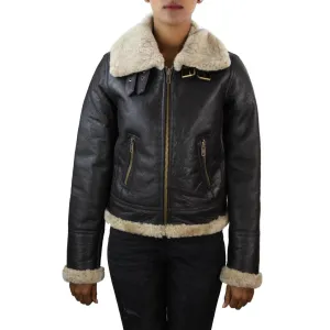 Ladies Real SHEEPSKIN Leather Coat Brown Beige FUR Womens Flying Jacket