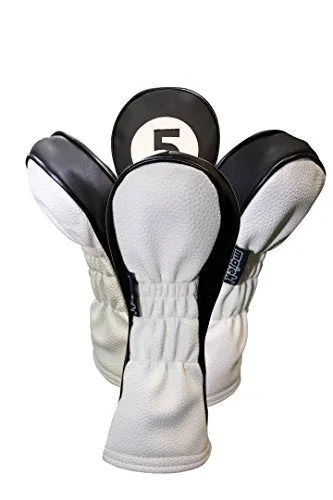 Majek Golf Headcovers Black and White Leather Style Headcovers