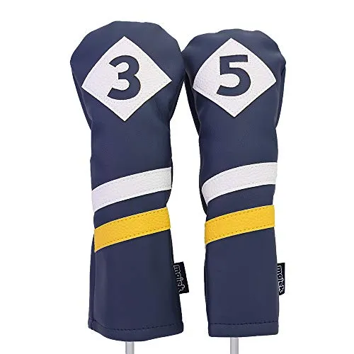 Majek Retro Golf Headcovers Blue White and Yellow Vintage Leather Style