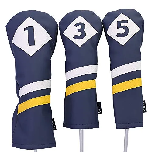 Majek Retro Golf Headcovers Blue White and Yellow Vintage Leather Style