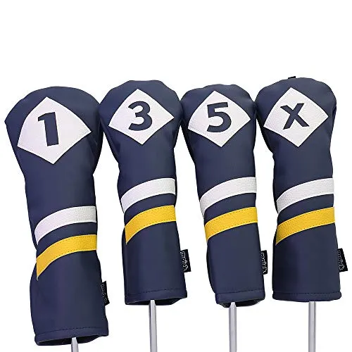 Majek Retro Golf Headcovers Blue White and Yellow Vintage Leather Style