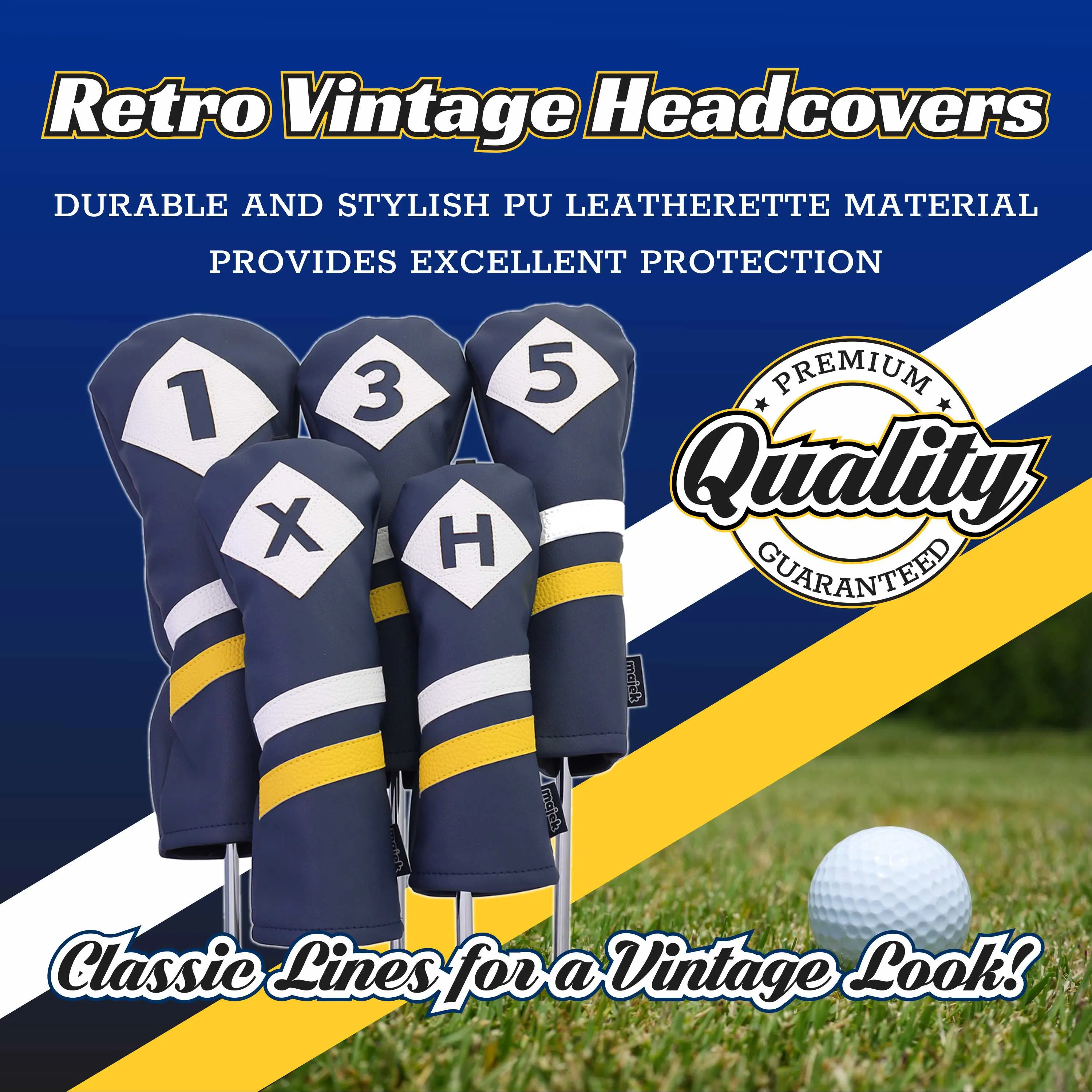 Majek Retro Golf Headcovers Blue White and Yellow Vintage Leather Style