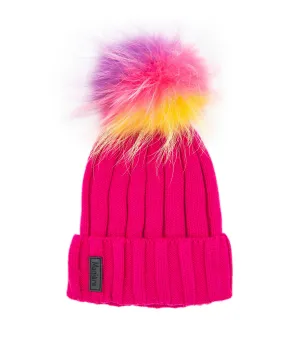 Maniere Hot Pink Ribbed Merino Wool Hat With Rainbow Pom