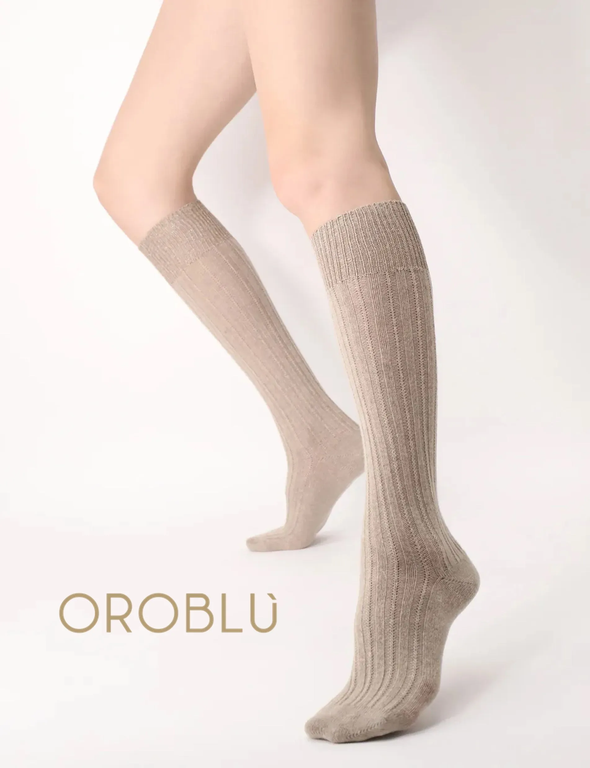 Oroblu Jasmine Aplaca Wool & Cotton Knee High Socks Beige Melange VOBFAF10K0