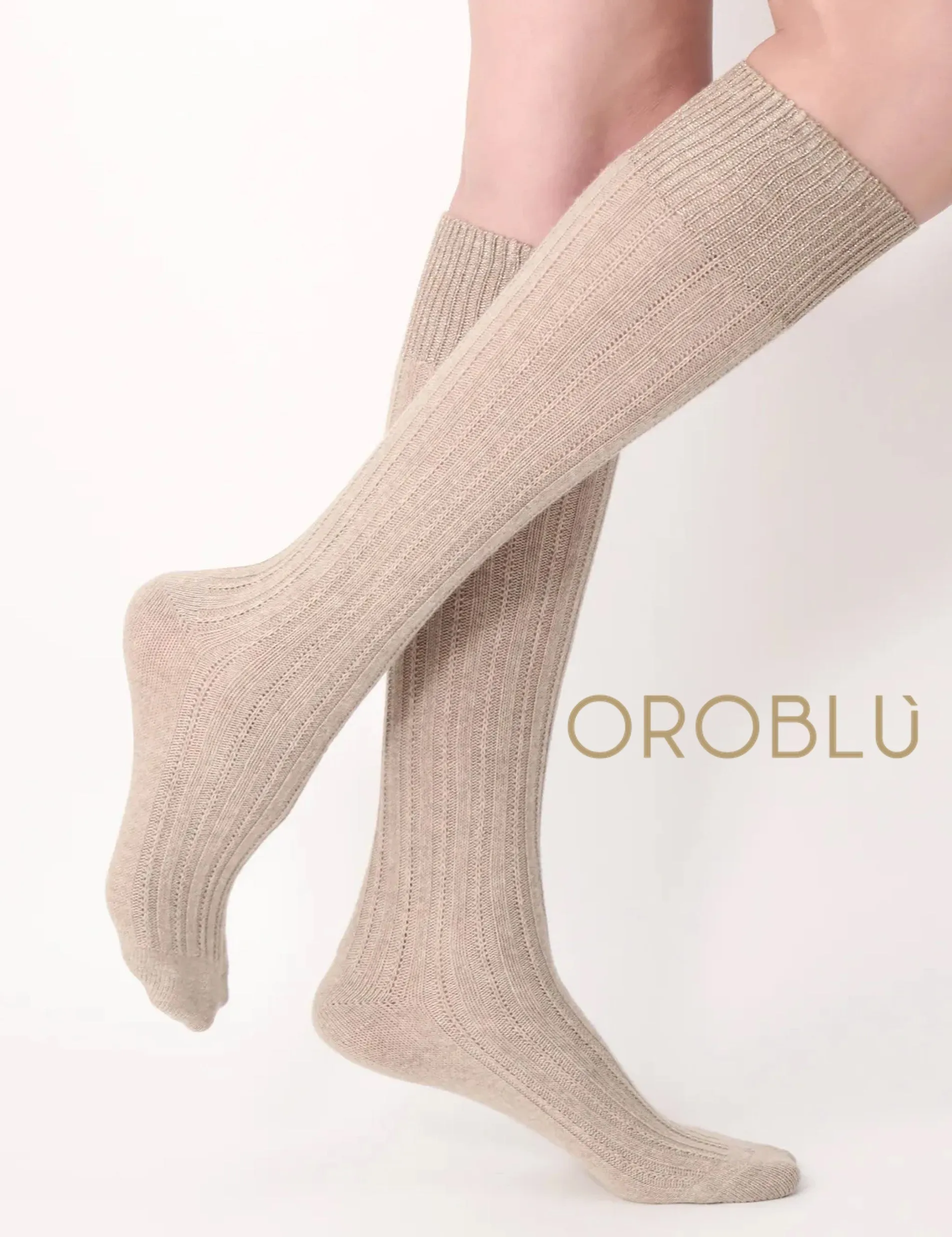 Oroblu Jasmine Aplaca Wool & Cotton Knee High Socks Beige Melange VOBFAF10K0