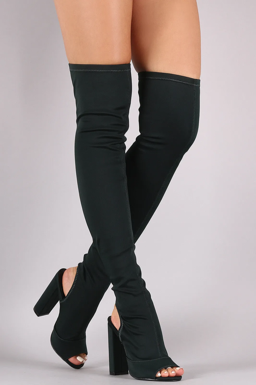 Peep Toe Fitted Chunky Heeled Over The Knee Boots