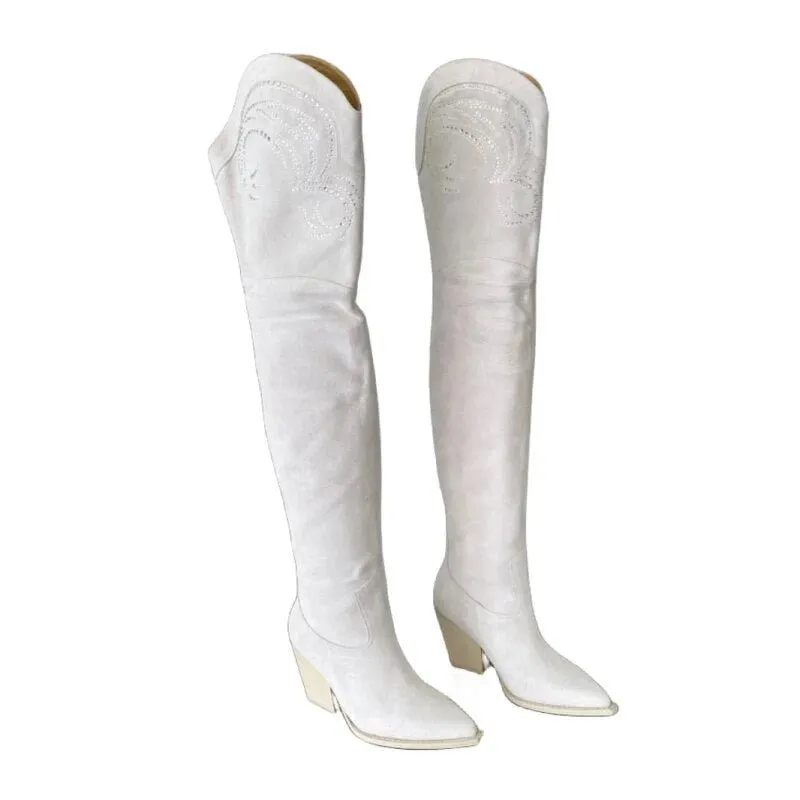 Pre Order:  Embroidered Over The Knee Suede Boots