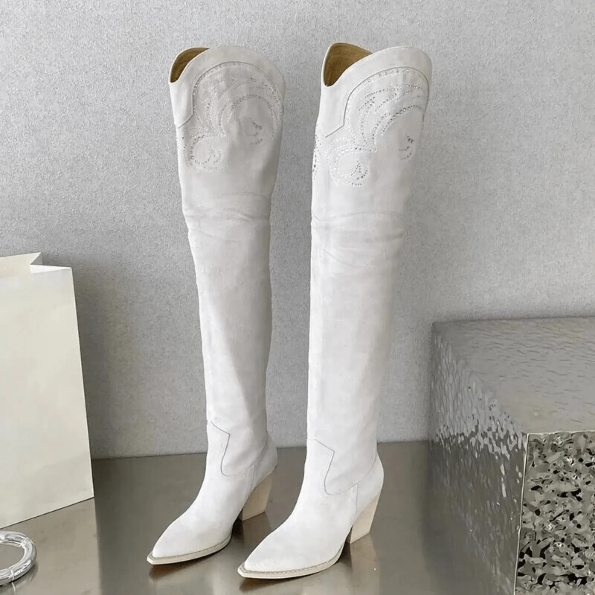 Pre Order:  Embroidered Over The Knee Suede Boots