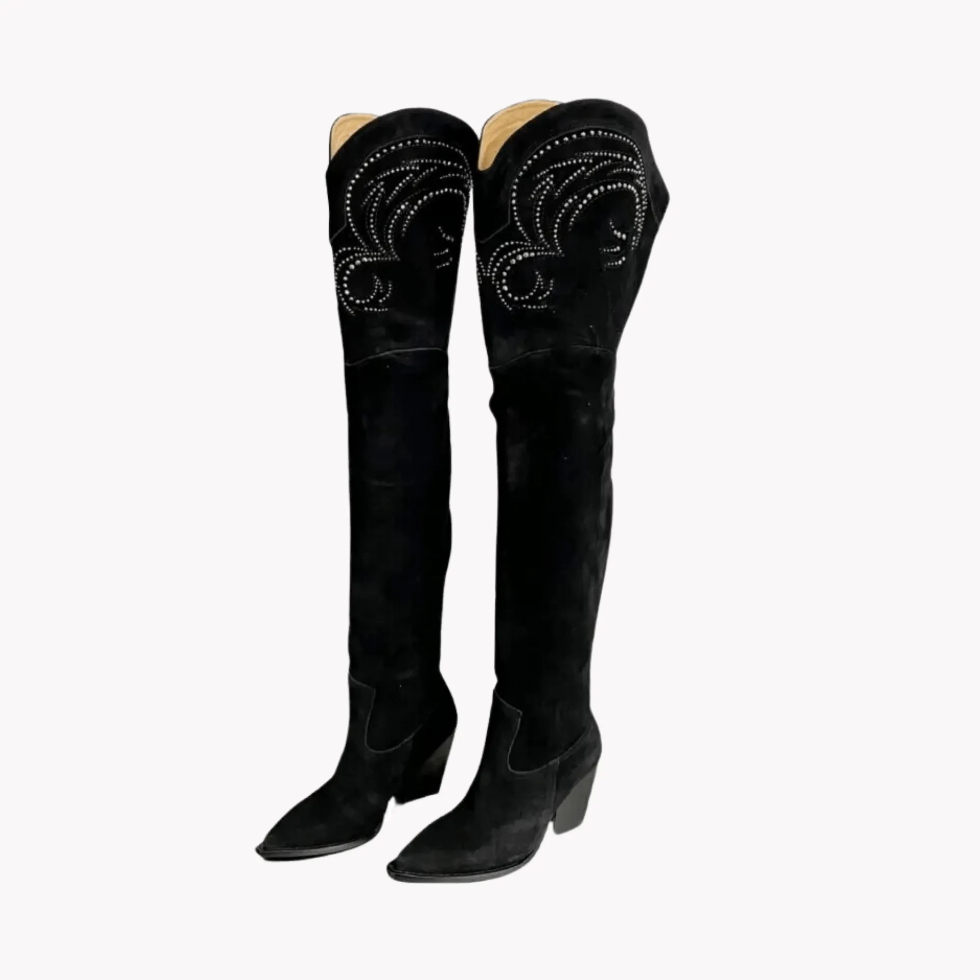 Pre Order:  Embroidered Over The Knee Suede Boots