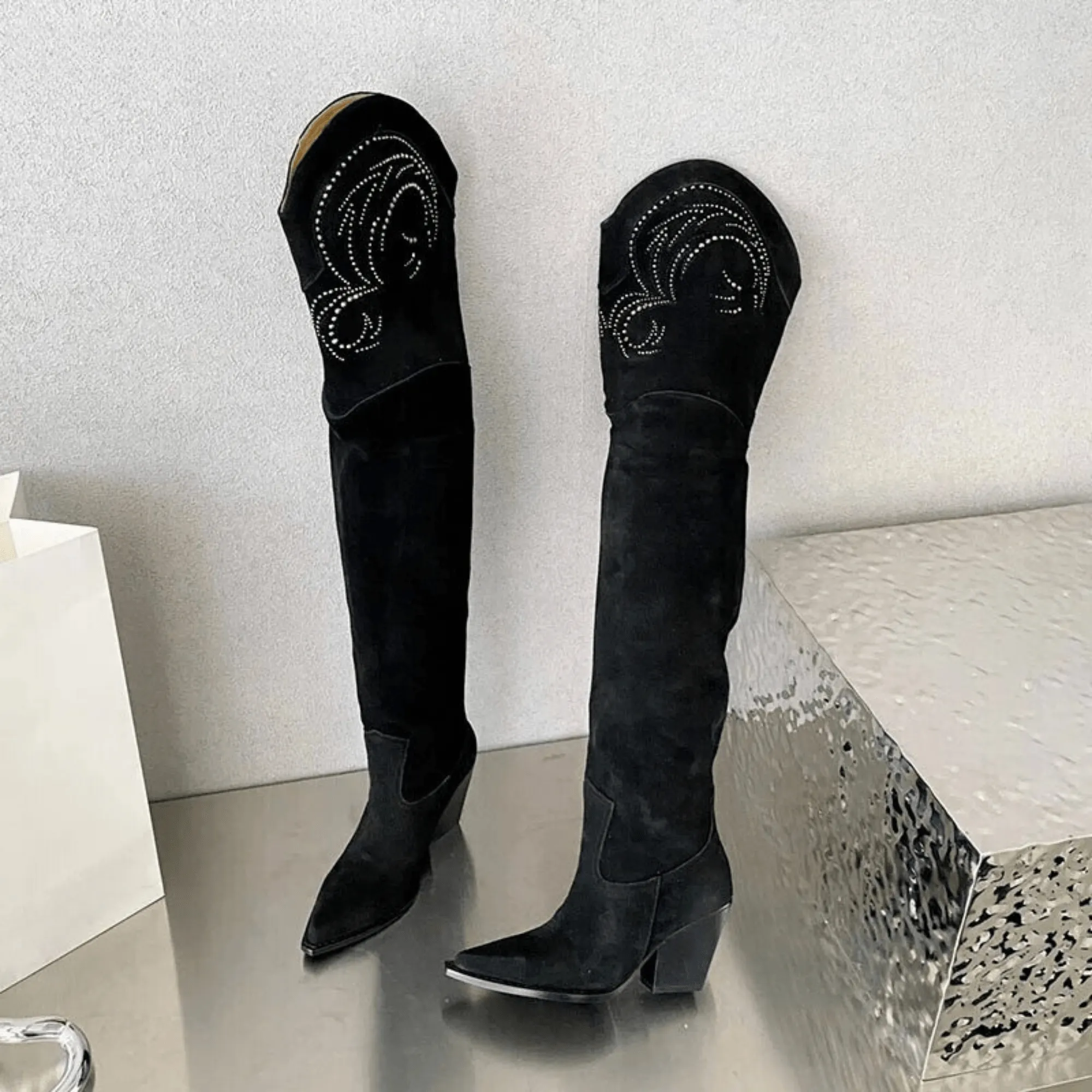 Pre Order:  Embroidered Over The Knee Suede Boots