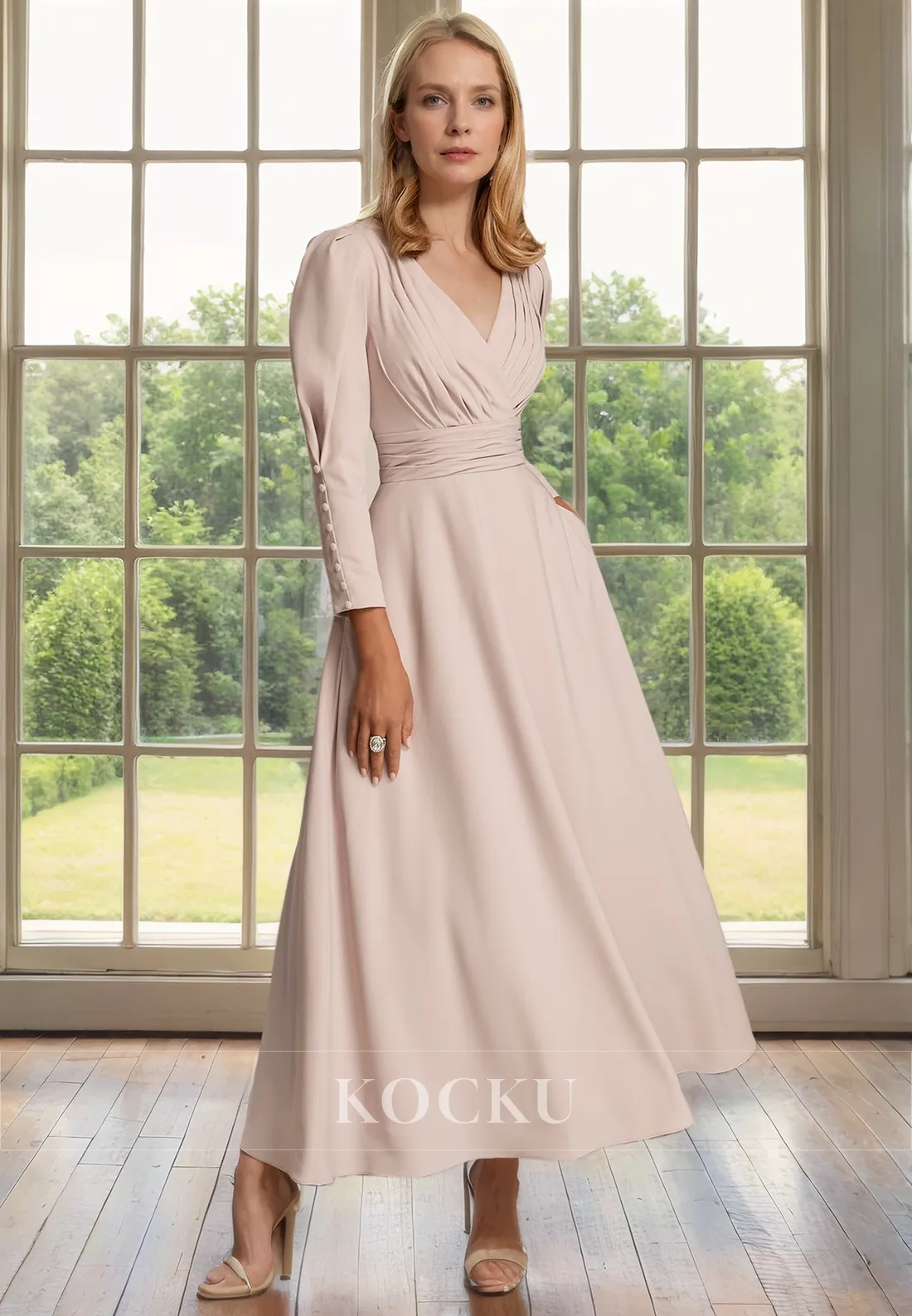 Simple & Casual V-Neck Long sleeves A-Line Cocktail Mother of the Bride Dress