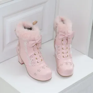 Sweet Princess Bow Decorated Fur White Cream Pink Black Winter High Heels Boots