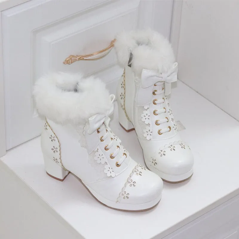 Sweet Princess Bow Decorated Fur White Cream Pink Black Winter High Heels Boots