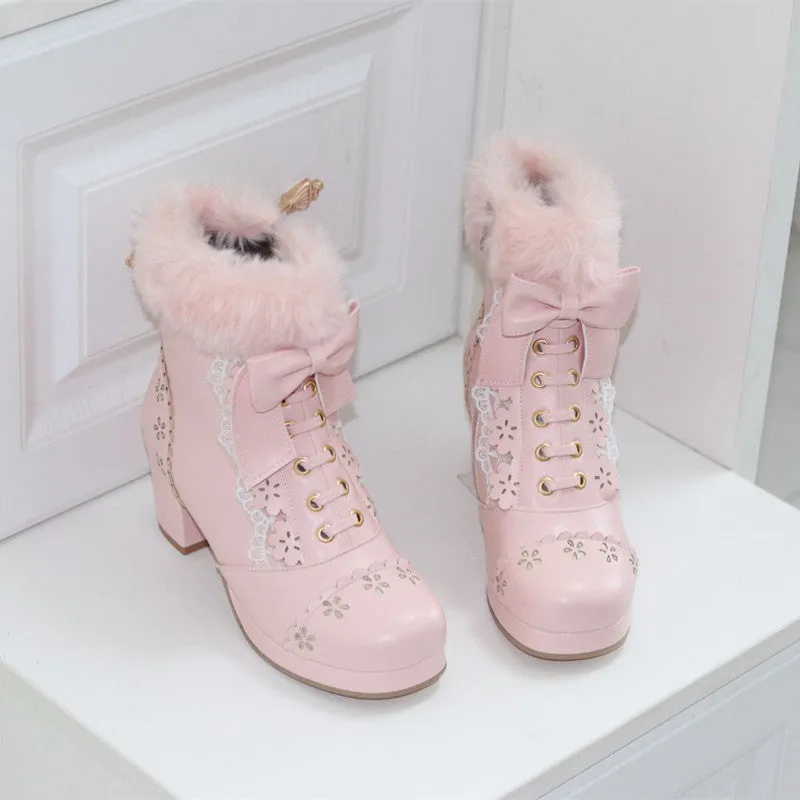 Sweet Princess Bow Decorated Fur White Cream Pink Black Winter High Heels Boots