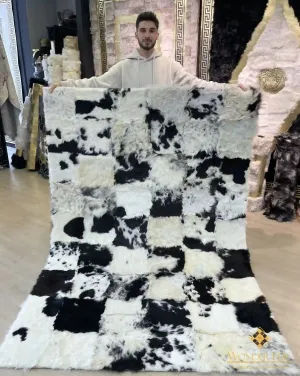 Unique Handmade Black White Natural Sheepskin, Office Soft Fluffy Rug