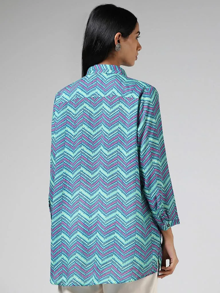 Utsa Aqua Blue Chevron Striped Shirt