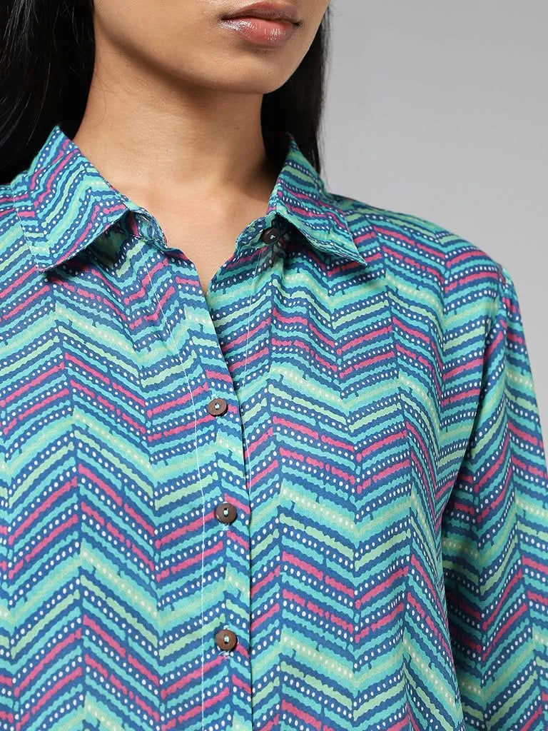 Utsa Aqua Blue Chevron Striped Shirt