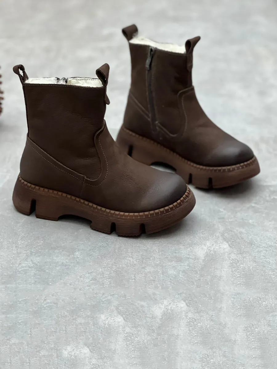 Women Winter Solid Leather Fleece-lined Ankle Boots