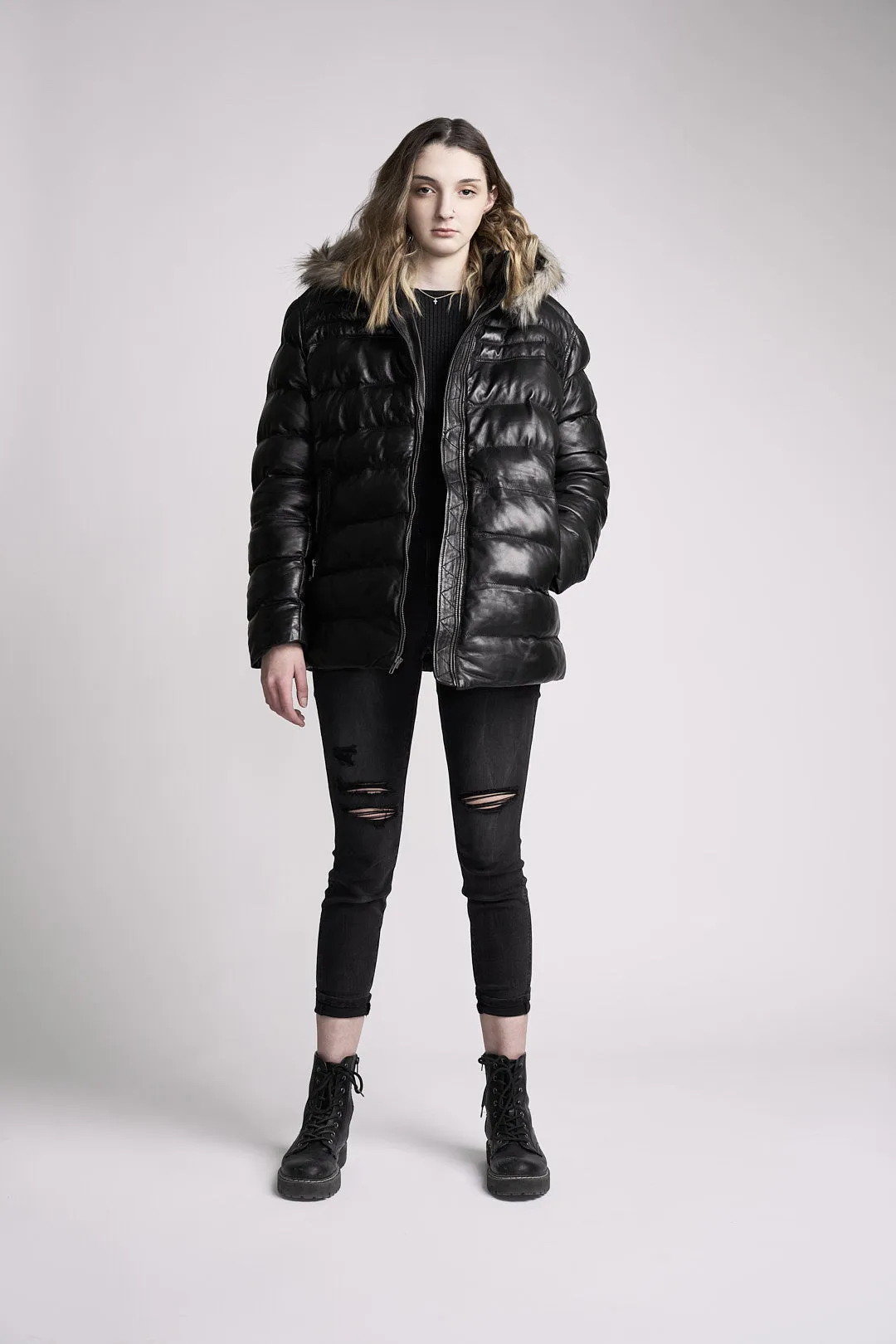 Women's Jacky Black Puffer Winter Down Leather Jacket with Fur